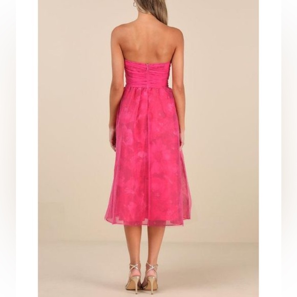 Lulus Hot Pink Strapless Midi Dress NWT | Ruched Tulle Party Dress - Picture 3 of 8